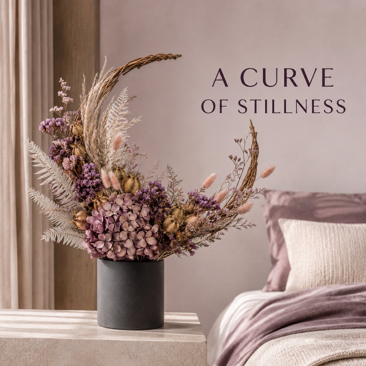 Crescent Drift Dried Flower Bouquet - Woven Willow Floral Sculpture