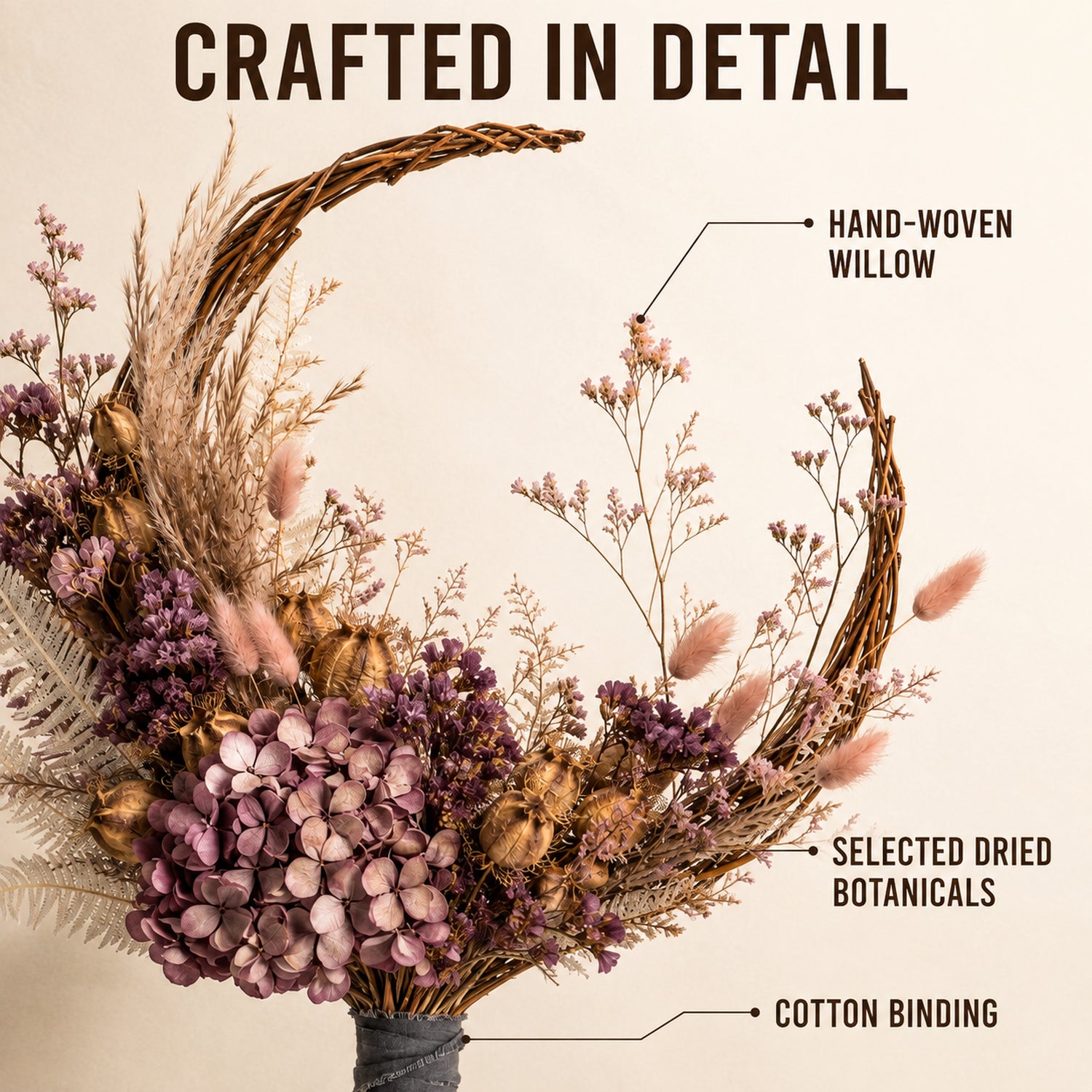 Crescent Drift Dried Flower Bouquet - Woven Willow Floral Sculpture