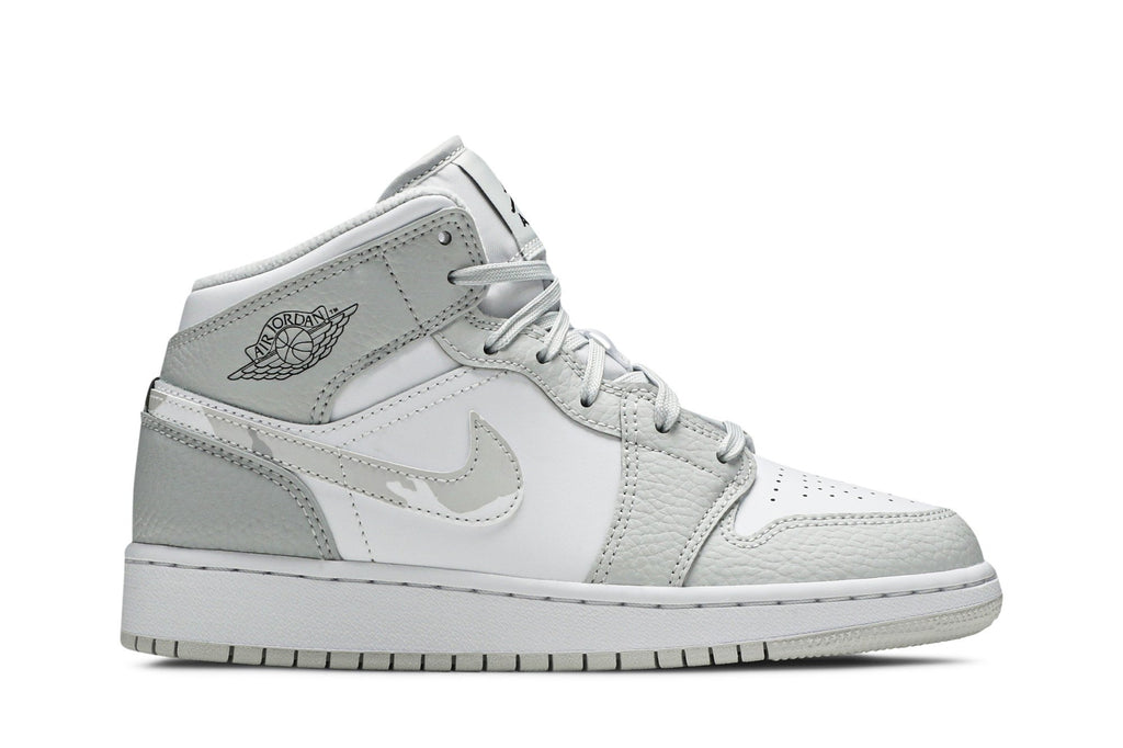 Retro 1 Mid SE GS Sneakers — Swoosh Logo – Grey Camo — DD3235-100