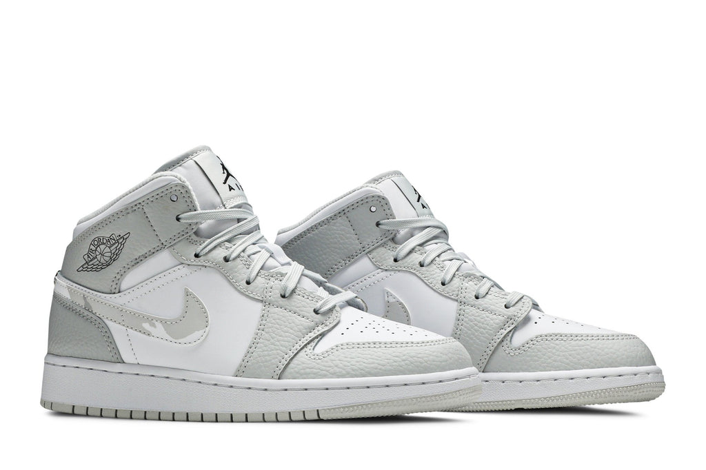 Retro 1 Mid SE GS Sneakers — Swoosh Logo – Grey Camo — DD3235-100