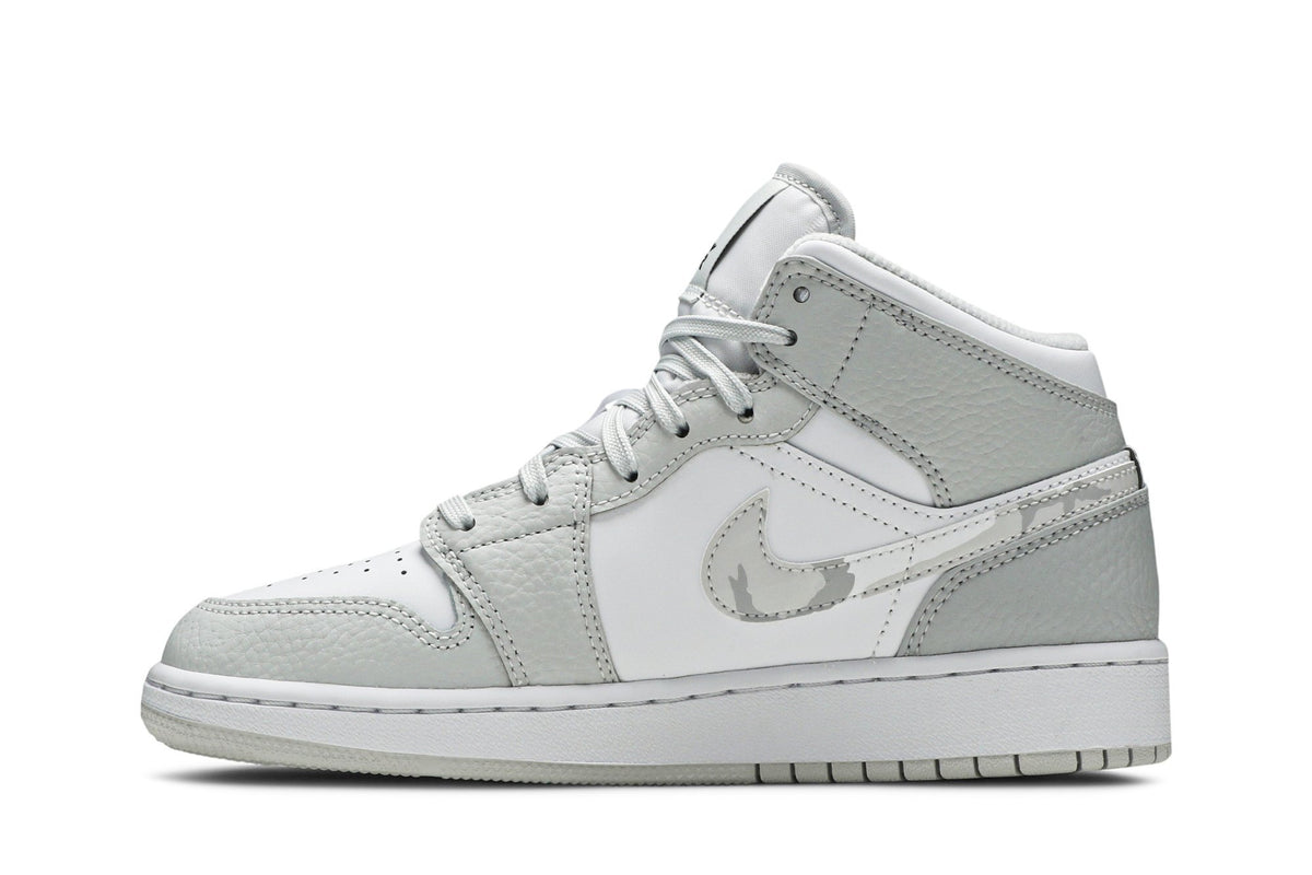 Retro 1 Mid SE GS Sneakers — Swoosh Logo – Grey Camo — DD3235-100