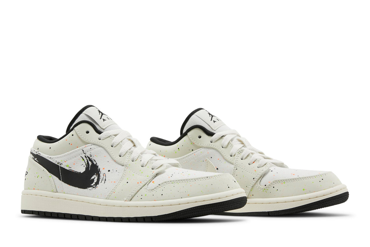 Retro 1 Low Sneakers — Brushstroke Swoosh – Paint Splatter — DM3528-100