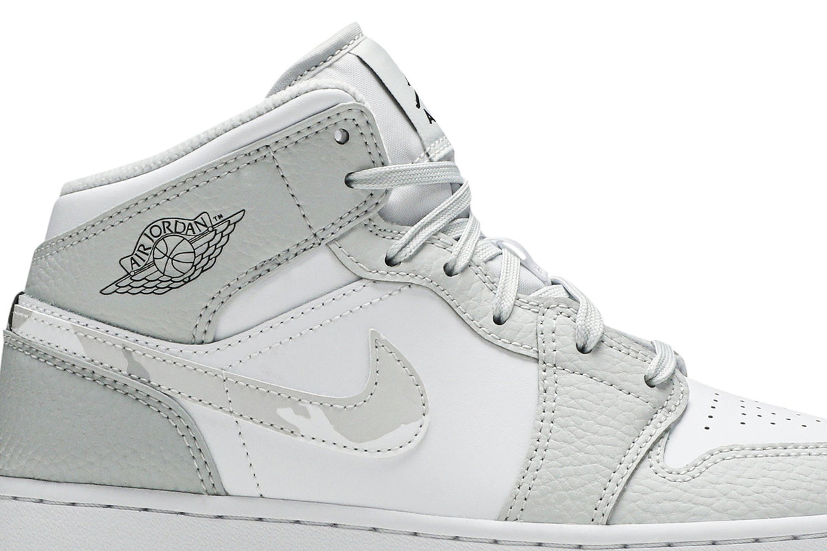 Retro 1 Mid SE GS Sneakers — Swoosh Logo – Grey Camo — DD3235-100